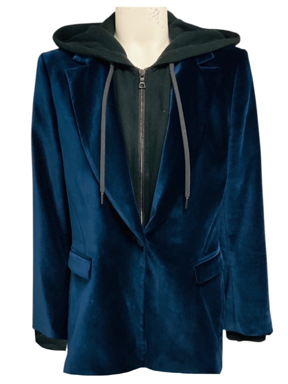 AO.LA BY ALICE + OLIVIA NAVY BLUE / BLACK HOODED VELVET AND COTTON BLAZER JACKET